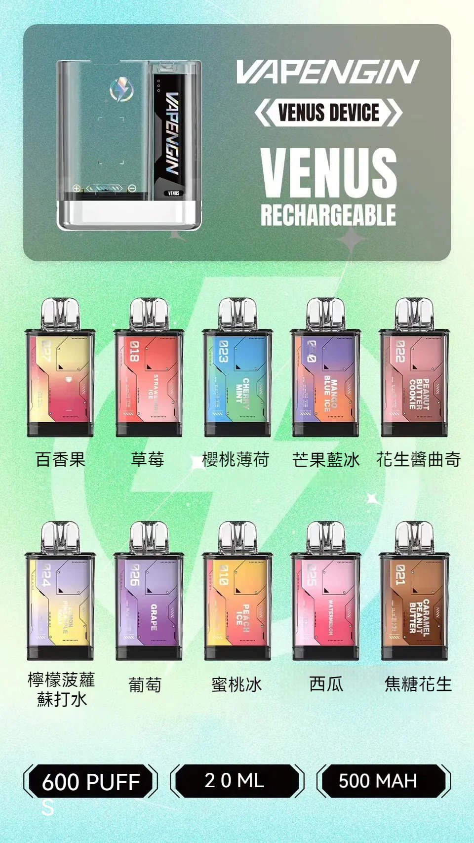 【加購 $130 送主機】VAPENGIN VENUS 金星 重塑性價比巔峰!500mAh 能量核心持久回血 透明工業風美學 Type-C 疾速快充 台灣現貨秒發:圖片 2